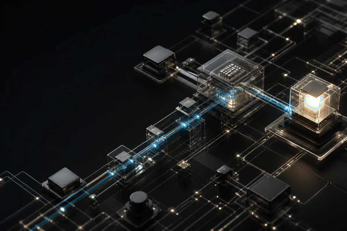 A computational system of transparent nodes and data rails carries a blue signal to a resolved output.